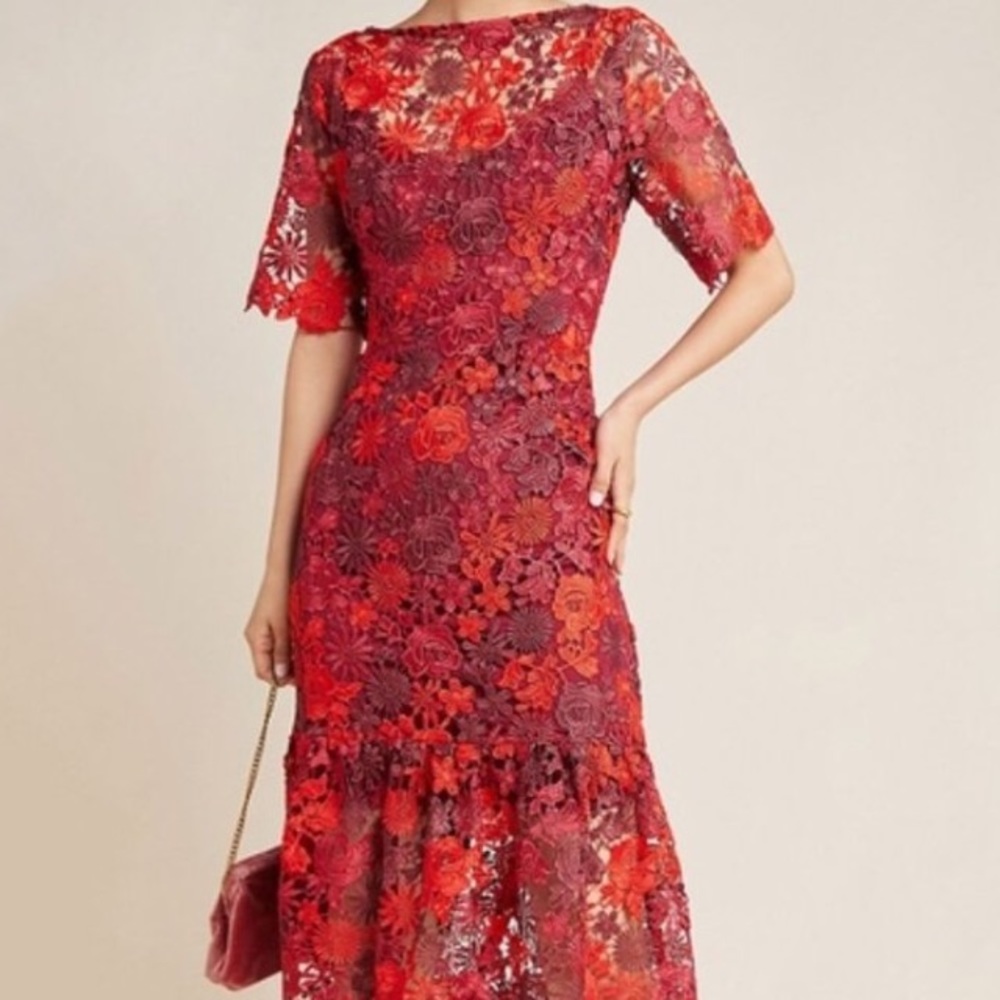 Eva Franco Red and Orange Lace Midi Dress